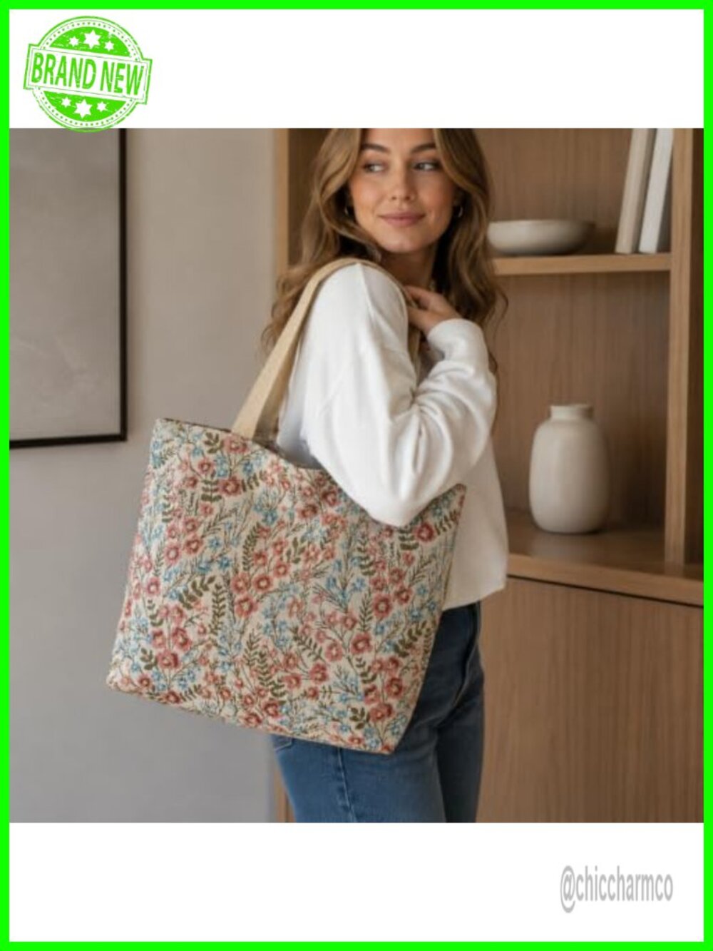 Vintage Floral Canvas Tote Bag Large Shoulder Bag with Soft Strap Zip Closure